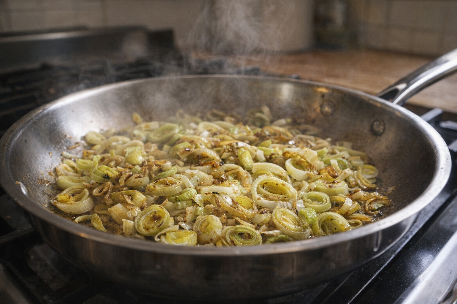 A medium shot of sliced leeks sautéing in a stainless steel skillet, slightly browned, steam rising, stove in the background